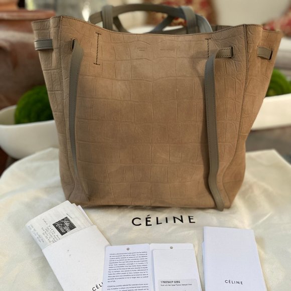 Celine Handbags - Celine Celine Crocodile Embossed Nubuck Small Belt Cabas Phantom Beige